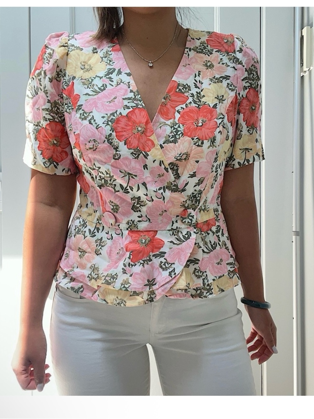 & other stories Floral Wrap Peplum Top - Pink & Coral